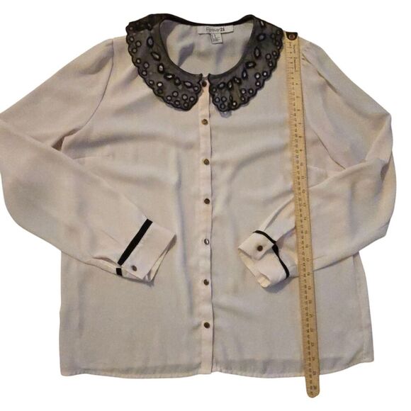 Y2K Forever 21 M Embroidered Eyelet Lace Mesh Collared Top Whimsygoth Regency - Picture 4 of 8